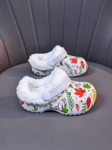 Winter Thermal Lined Clogs, Autumn/Winter Printed Pattern Toddler Soft Sole Warm Fuzzy Slippers, Cute Pattern Clogs - White - View 5