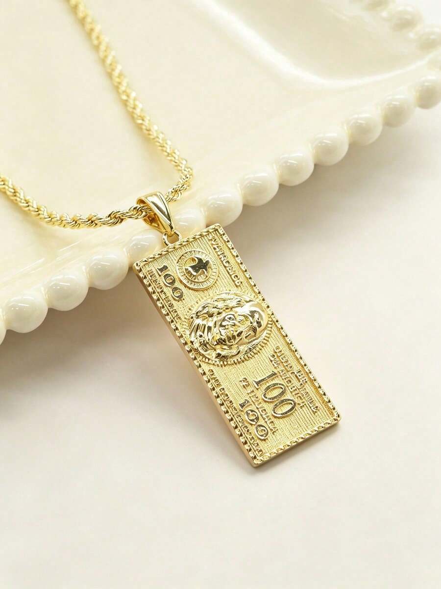 1 buah Kalung Liontin Uang Kertas 100 Dolar Gaya Hip Hop Retro, Aksesori Piring Persegi Dolar Rantai Pilin Unisex, Hadiah Pesta, Halloween, Natal - Emas - View 1