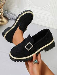 1 Pair New Women's Fashion Thick Sole Loafers, Solid Color Casual Retro Fabric Rhinestone Shoes, Suitable For Autumn/Winter Home Wear - Black - View 1