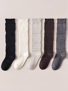1/5 Pairs Women's Cashmere Warm Non-Bulky Knee-High Socks, Thickened Long Socks For Winter - Multicolor - View 2