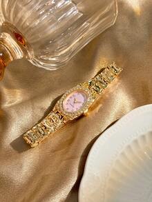 1pc Women's Watch Oval Rhinestone Dial Personalized Lava Style Strap Luxury Vintage Bracelet Watch Suitable For Holiday Gift - Pink - View 5