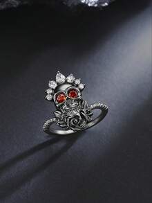 1pc Vintage Dark Gothic Style Copper Material 3D Crown Skull Zirconia Inlaid Ring, Couple Halloween Cosplay Costume Accessory - Gun Black - View 3