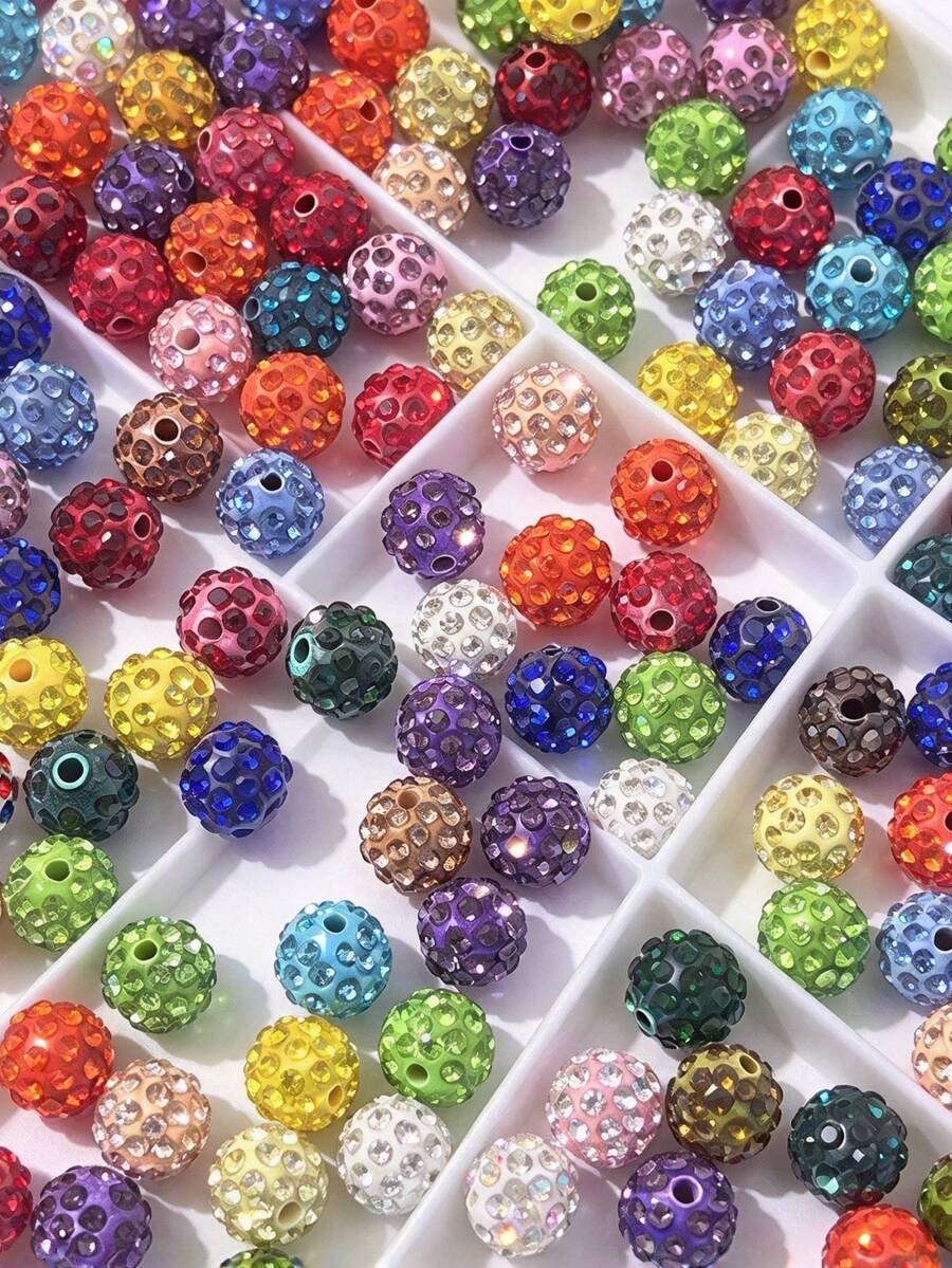 50/100pcs 10mm Mixed Color Rhinestone Shamballa Style Beads, Large Hole Pave Crystal Round Beads, DIY Bracelet Necklace Jewelry Making Supplies - Multicolor - View 1