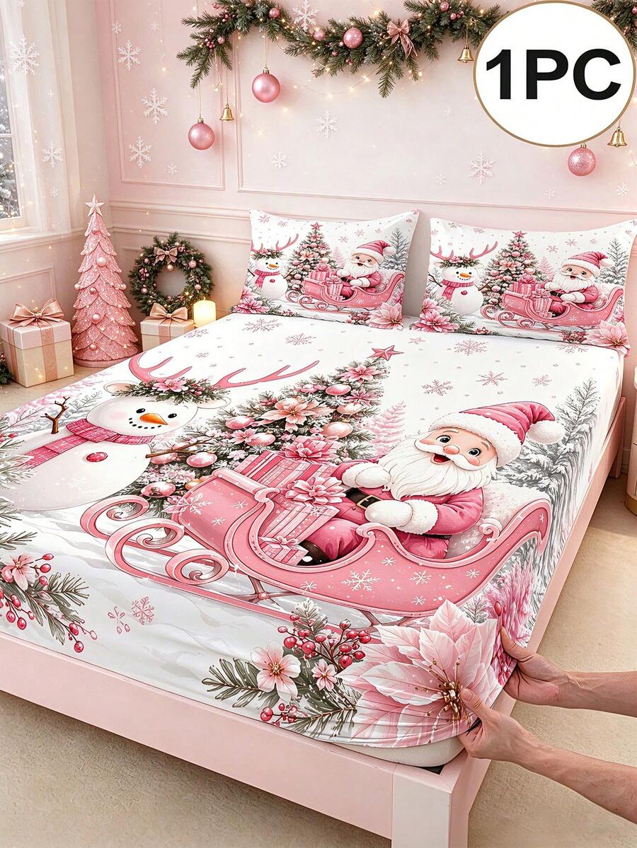 1PC Cute Santa Claus And Snowman Pattern Fitted Sheet (Only Fitted Sheet, No Pillowcase), Soft Bedroom Bedding, Suitable For Bedroom, Guest Room, School Dormitory, Easy To Remove And Machine Washable All-Season Mattress Protector - Multicolor - View 1