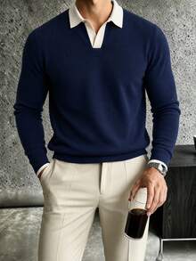 Men's Autumn/Winter Minimalist Colorblock Patchwork Airplane Collar Long Sleeve - Navy Blue - View 3