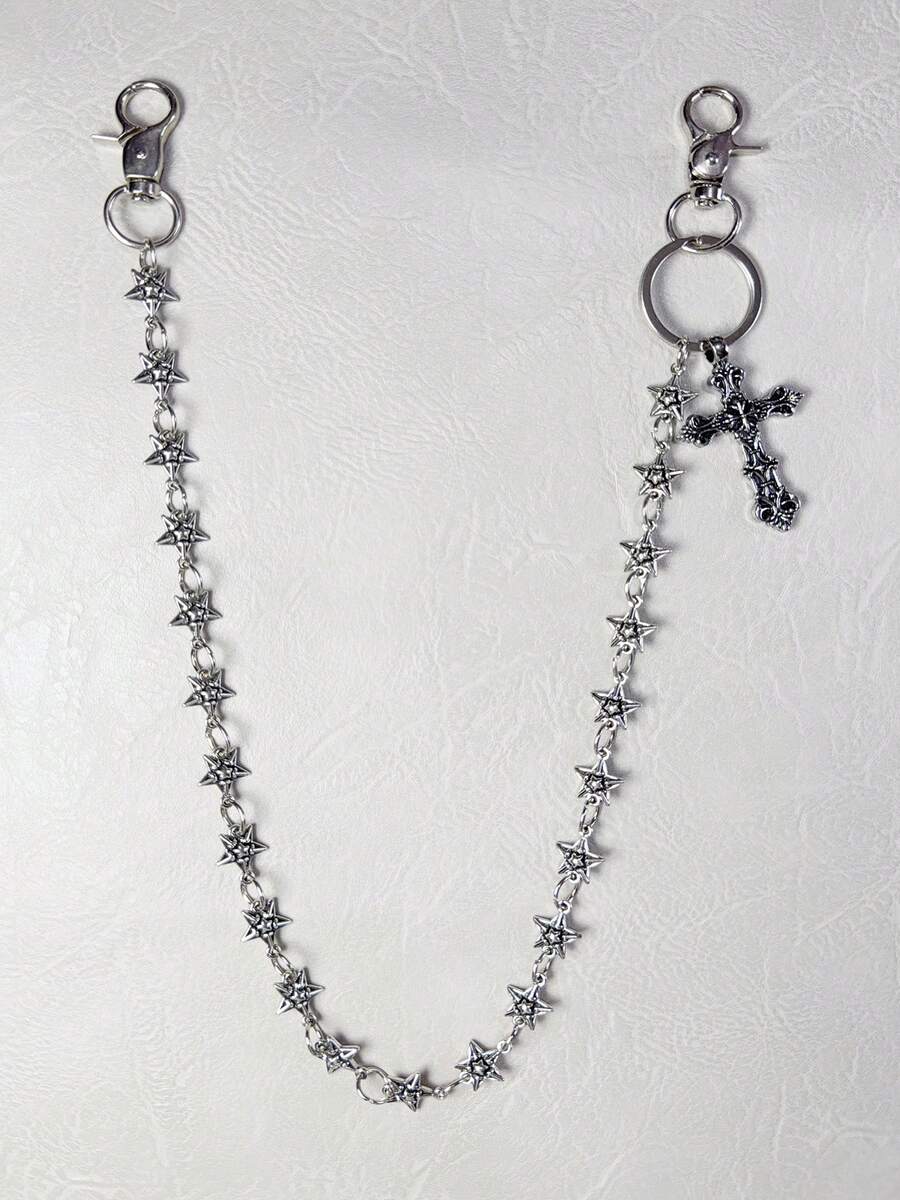 1pc Cross Metal Star Chain Pants Chain Niche Design European & American Style New Unisex Waist Chain Pocket Chain Keychain Wallet Chain Luxury Accessory Holiday Gift Multi-Layer Key Chain Punk Pants Chain Motorcycle Riding Jeans Accessory - Ancient White K - View 1