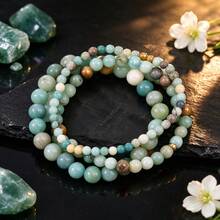 Women's Green Natural Stone Beaded Bracelet 3-Piece Set, Mixed Amazonite Beads, Stackable Elastic Bracelet, Bohemian Style Fashion Accessory - Multicolor - View 3