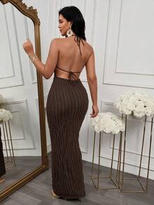 Women's Autumn/Winter New Halter Neck Beaded Textured Long Dress, Deep V-Neck Hollow Back Party Dress - Brown - View 3