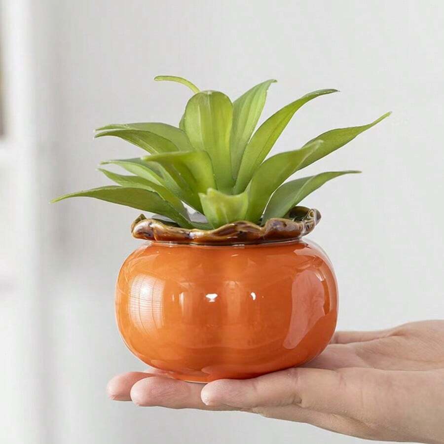 1pc Creative Persimmon Green Pothos Hydroponic Planter, Minimalist Ceramic Water Culture Plant Vase, Indoor Desktop Decor Container Ornament - A - View 1