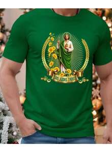 Homme Camiseta de manga corta de cuello redondo casual con estampado de linterna de calabaza de estilo americano para Halloween y ribete de contraste para hombres - Verde Oscuro - Ver 11