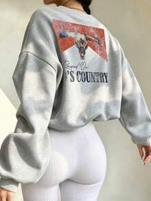 Women's Retro-Style Hoodie; Western-Style Autumn Sweatshirt With Bull Print; Solid Color Design, With Long Sleeves... - Light Grey - View 1
