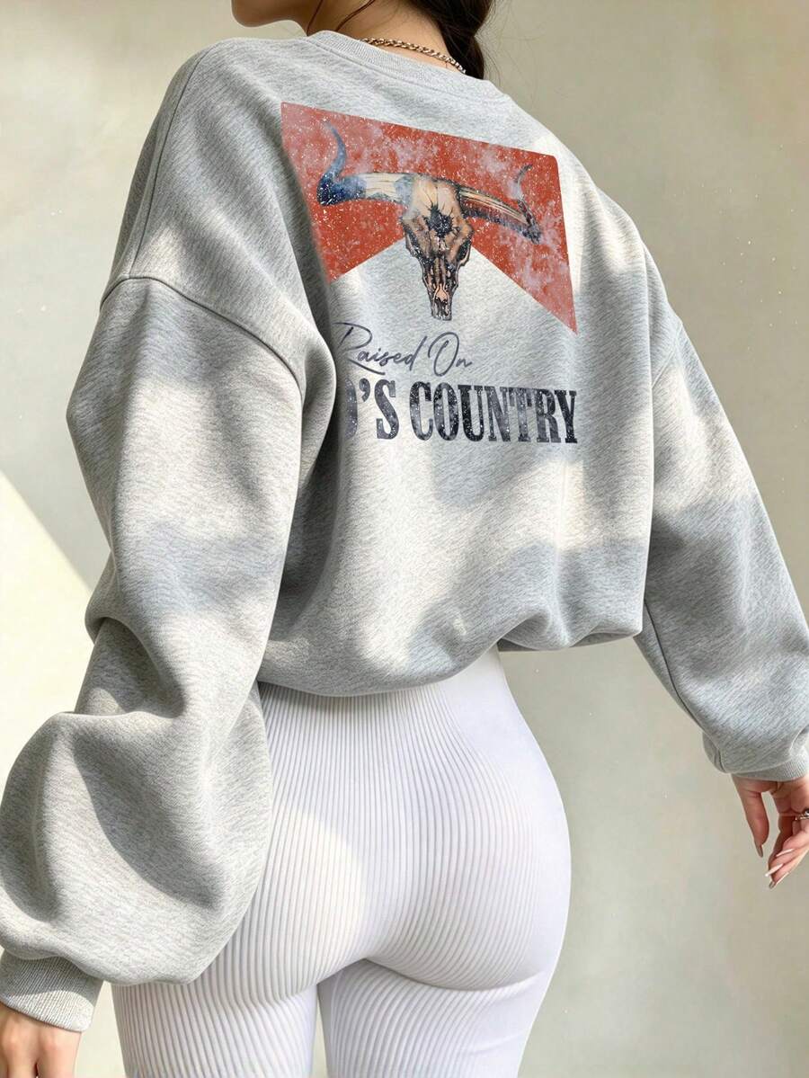 Women's Retro-Style Hoodie; Western-Style Autumn Sweatshirt With Bull Print; Solid Color Design, With Long Sleeves... - Light Grey - View 1