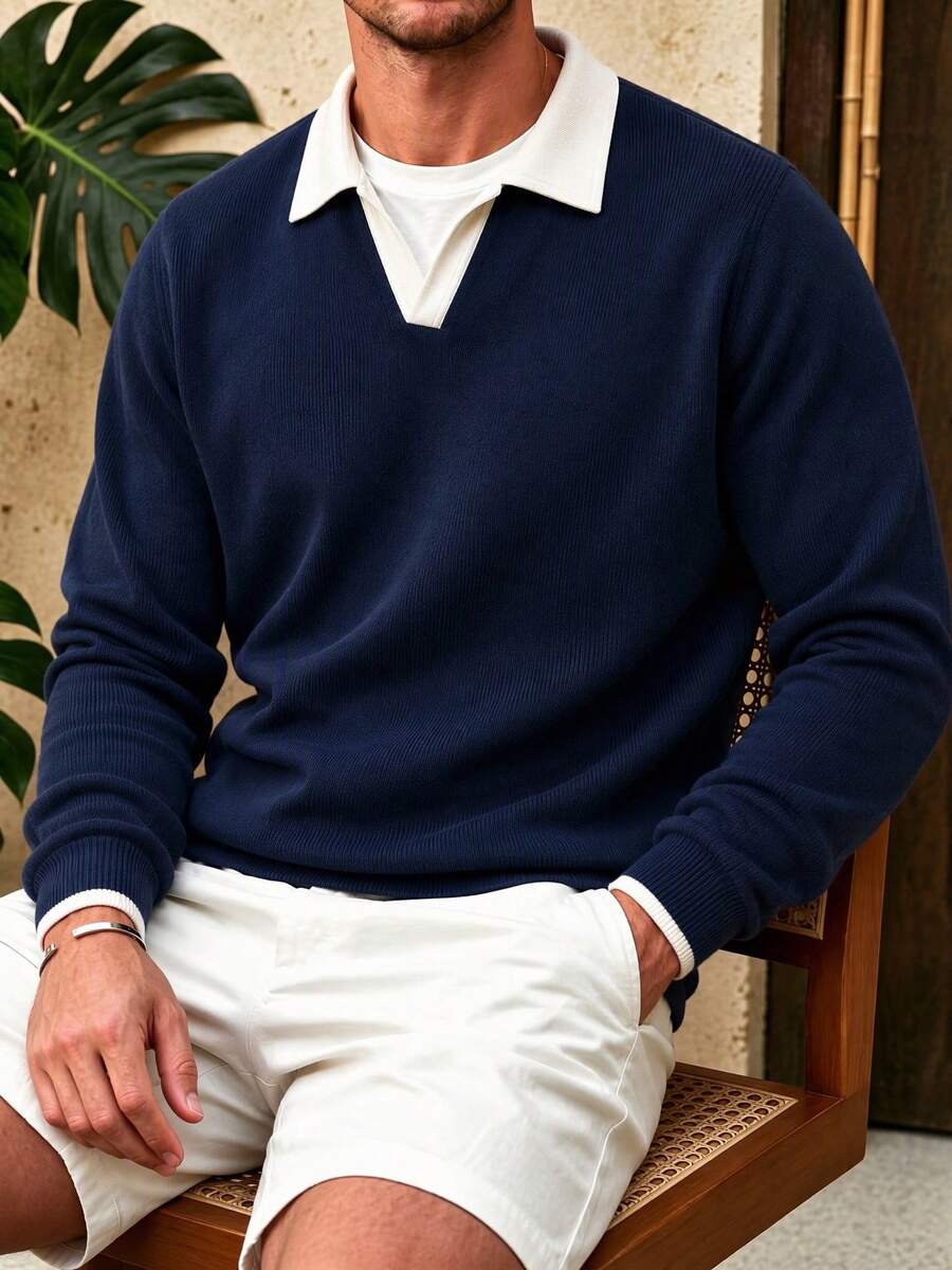 Men's Autumn/Winter Minimalist Colorblock Patchwork Airplane Collar Long Sleeve - Navy Blue - View 1