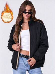 Women Winter Fleece Lined Outdoor Casual Jacket, Versatile Warm Coat For Daily Wear Home Office Shopping Party - Black - View 8