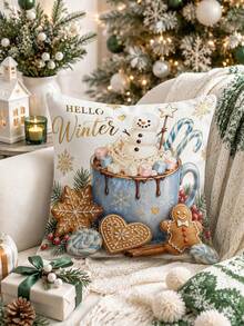 Winter Christmas Table Runner, Hello Winter Snowman Hot Cocoa Gingerbread Man Snowflake Candy Cane Pattern, Cute Farmhouse Country Style Holiday Table Decor, Suitable For Home Kitchen Party Indoor Christmas Decoration - Multicolor - View 7