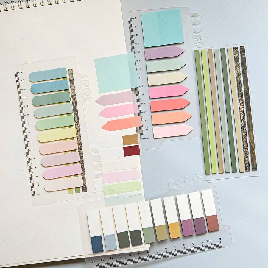4 Sets/1 Pack Assorted Shapes Index Tabs, Extra Long Ultra Thin Index Labels, Student Reading Labels, Office Indicator Tabs, Book Annotation Labels, Transparent Waterproof Sticky Notes, Colorful Adhesive Labels With PP Card Ruler - one-size - View 1