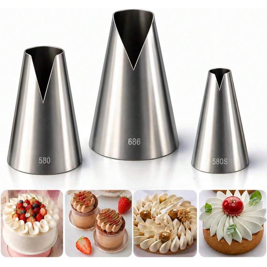 3pcs Russian Piping Tips Set, V-Shaped Wavy Cake Decorating Nozzles, Stainless Steel Kitchen Tools For Pastries, Cupcakes, Cakes, Cookies Decoration - Multicolor - View 1