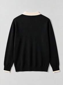 Men's Patchwork Slim Fit Regular Shoulder Airplane Collar Knit Long Sleeve Polo Shirt Contrast Color Turn Collar Sweater Autumn/Winter New Style - Black - View 3