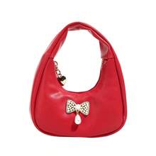 Girls Red Soft PU Fabric Handbag With Rhinestone Bow And Pearl Pendant Design, Princess Style Hand-Carried Bag - A - View 7