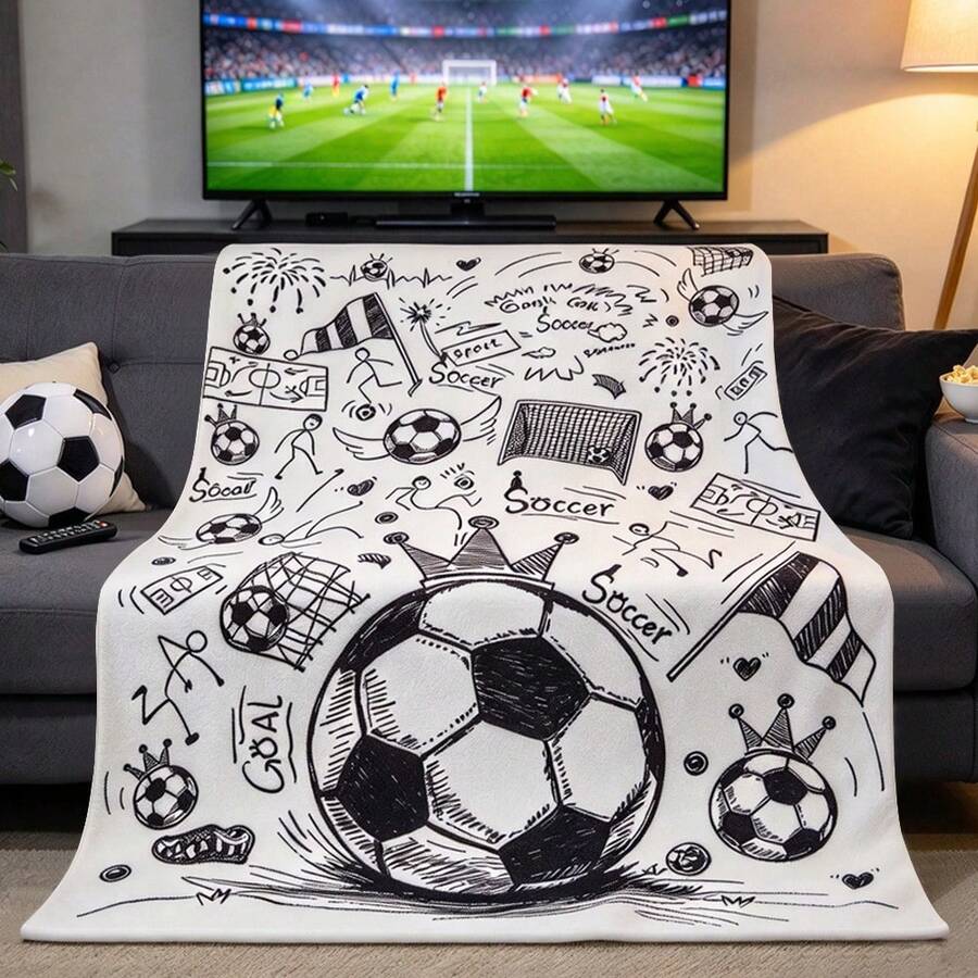 1pc Soccer Graffiti Digital Print Flannel Blanket - Modern Style, Soft Comfortable Polyester Knit Material For All Seasons, Multi-Purpose, Suitable For Sofa, Bed, Travel, Camping, Chair, Gift Blanket - White - View 1