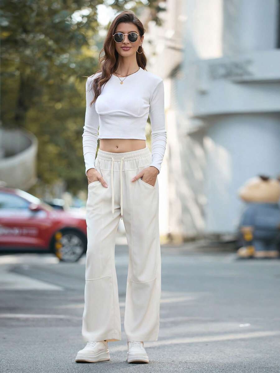 Women's Casual Solid Color Drawstring Pocket Elegant Fashion Versatile Long Pants For Vacation Travel All Seasons - Off White - View 1