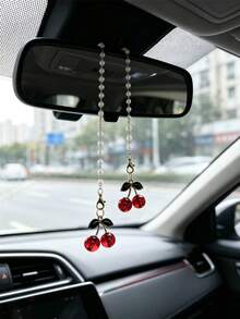 Pearl Chain Cherry Car Rearview Mirror Pendant, Sweet Style Car Hanging Ornament, Car Interior Decoration Accessory For Women - Pearl Chain Cherry Pendant - View 8