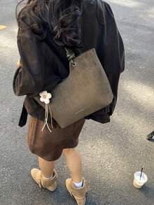 女款單肩托特包，大容量，極簡綠色，可愛溫柔優雅花卉飾飾，適合購物與通勤 - 墨綠色 - 查看 6