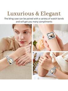 2pcs Protective Case With Tempered Glass Screen Protector, Double Row Rhinestone Bezel, Full Coverage Hard PC Protective Shell, Compatible With Apple Watch 40/41/42/44/45/46/49mm, Series 12 Ultra/SE/11/10/9/8/7/6/5/4 - Gold + Silver - View 7