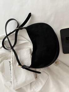 New Vintage Fashion Solid Color Crescent Bag, Zipper Closure, Adjustable Long Strap, Large Capacity Lightweight Minimalist, Soft Texture Casual Crossbody Bag - Black - View 5