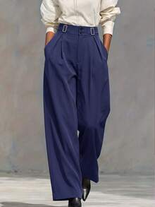 ShengNANANA Women's Autumn/Winter High-Waist Metal Buckle Detail Wide Leg Pants, Navy Blue Pleated Knit Slimming Elegant Suit Pants Suitable For Office And Daily Commute - Navy Blue - View 3