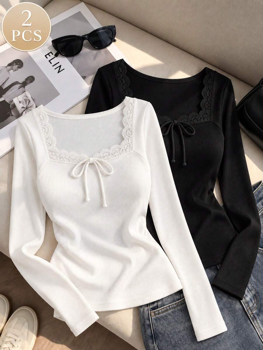 2pcs Women's Lace Trim Square Neck Long Sleeve Ribbed Knit Tops, Front Tie Slim Fit Black & White Casual Basic Shirts, Suitable For Autumn, Winter, Spring And Daily Wear