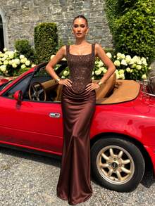 UNITHORSE Elegant Square Neck Tie-Up Backless Sequin Patchwork Satin Dress - Coffee Brown - View 5