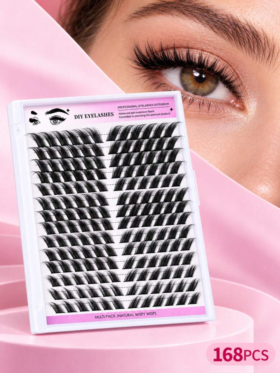 168 Clusters Box DIY Cluster False Eyelashes, Slanted Fox Eye Style, D Curl, 12-18mm Mixed Length, Long And Curly, Defined Strands, Slanted Extension Design To Highlight Lifted Eye Tail Effect, Create Exquisite Fox Eye And Charming Cat Eye Makeup Look, Staggered Lengths For 3D Layered Effect, Freely Combine To Match Eye Shape, From Natural Daily Makeup To Personalized Glamorous Makeup, Segmented Eyelashes For Easy Partial Application, Suitable For Home DIY Lash Extension, Commute, Date, Party, Wedding, Holiday And Stage Eye Makeup - D - View 1