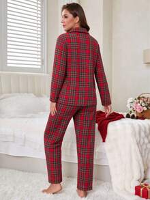 Women's 2-Piece Christmas Long Pajama Set, Spring/Autumn Indoor Fleece Christmas Plaid Print With Pockets, Comfortable Long Sleeve Open Front Sleepwear - Red - View 2
