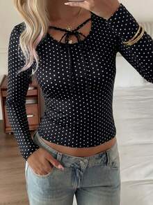 Autumn/Winter Polka Dot Halter Neck Tie Long Sleeve T-Shirt Top For Women - Black - View 8