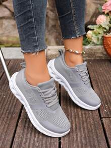 Women Round Toe Knit Mesh Casual Shoes, Solid Color Daily Wear Sneakers - Grey - View 6
