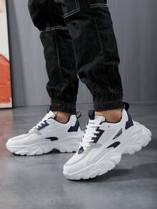 Men's Wave Thick Sole Chunky Sneakers, Mesh Breathable Height-Increasing Sports Shoes, Spring/Autumn Colorblock Casual Running Shoes, Versatile Fashion Sneakers For Teenagers - White - View 9
