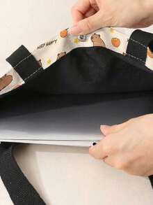1pc Cute Capybara Orange Print Canvas Tote Bag, Large Capacity Storage Snap Closure Shoulder Handbag For Daily Shopping School - Camel - View 3
