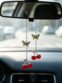 Butterfly Cherry Car Hanging Ornament, Exquisite Rearview Mirror Pendant, Cute Style Women's Car Decoration Accessory - A - View 8