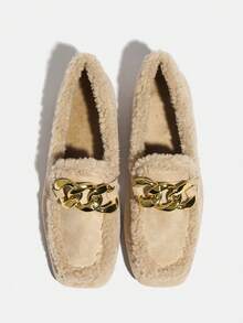 Women's Autumn/Winter Thermal Lined Loafers, Light Khaki Metal Chain Fur Flat Shoes, Warm Comfortable Commute Versatile - Apricot - View 9
