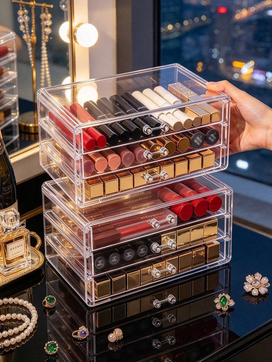 1pc Transparent Desktop Storage Box - Spacious Jewelry Box Drawer Style Jewelry Box Earring Storage Box Necklace Earring Ring Jewelry Storage Box 3-Layer Acrylic - Multicolor - View 1