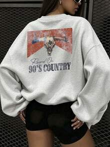 Women's Retro-Style Hoodie; Western-Style Autumn Sweatshirt With Bull Print; Solid Color Design, With Long Sleeves... - Light Grey - View 8