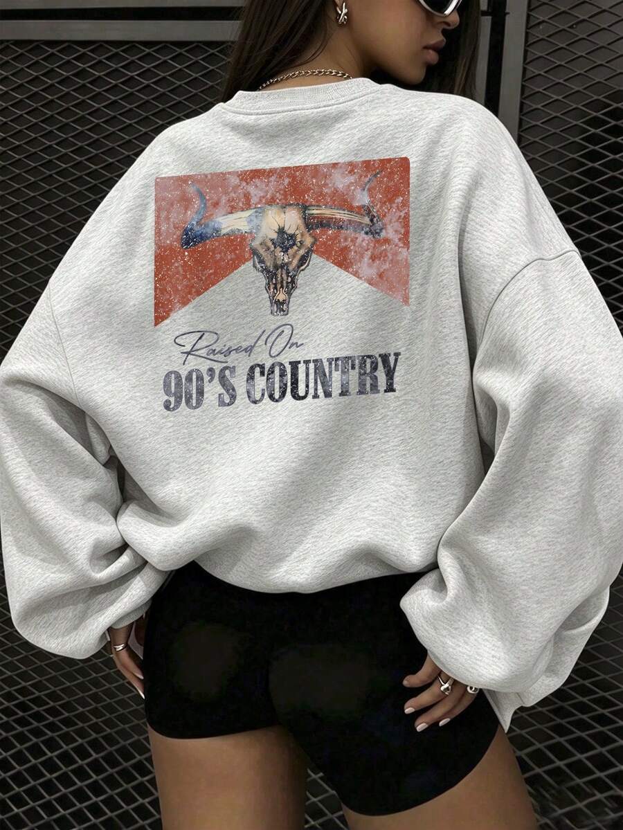 Women's Retro-Style Hoodie; Western-Style Autumn Sweatshirt With Bull Print; Solid Color Design, With Long Sleeves... - Light Grey - View 1