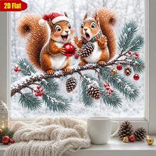 1pc Christmas Double Squirrel & Pine Branch Static Window Sticker, Snowy Landscape With Red Berries And Icicles, Glue-Free Glass Decal - Multicolor - View 1