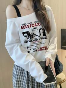 American Retro Anime Print Asymmetrical Shoulder Long Sleeve T-Shirt For Women, Asymmetrical Slanted Shoulder Design, Loose Slouchy Sexy Top - White - View 6