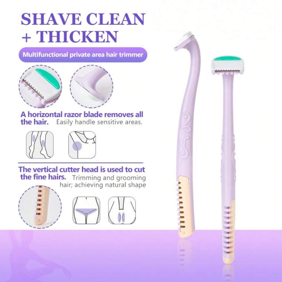 2 Pcs Women Private Area Hair Trimmer, 2 In1 Dual-Head Manual Bikini Razor With Curved Handle, Painless Smooth Shave For Sensitive Skin, Multi-Function Shaver For Bikini Line, Underarm & Leg Body Grooming - Double-headed - View 1