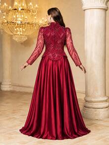 UNITHORSE [Random Cut] Plus Size Women's Elegant Stand Collar Straight Sleeve With Slight Cuff Slit Sequin Patchwork Satin Formal Evening Gown Dress - Burgundy - View 2