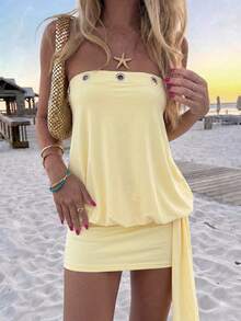 DOUCIU Yellow Circle Decor Fitted Strapless Dress, Asymmetrical Satin Ribbon Beach Vacation Style - Yellow - View 1