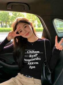 Korean Style Stacked English Print Short Long Sleeve T-Shirt Women Slim Fit Elastic Round Neck Sexy Slimming Base Layer Autumn Top - Black - View 10