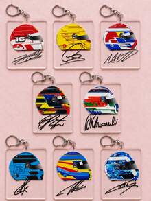 8pcs F1 Racing Driver Helmet Signature Acrylic Keychain, F1 Sports Style, Ideal Gift For Racing Fan Boyfriend And Friends, Car Keychain Accessory, Backpack Pendant, School Bag Charm - Multicolor - View 2